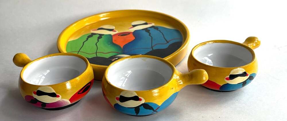 Vintage Peruvian Las Cholitas Handmade Ceramic Condiment Serving Set with Tray a